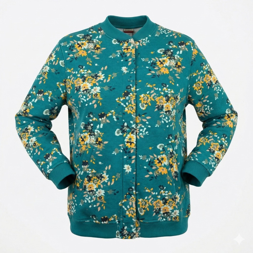 Vintage Tudor Court Floral Fleece Jacket Teal Snap Button Grandma Core Cottage M